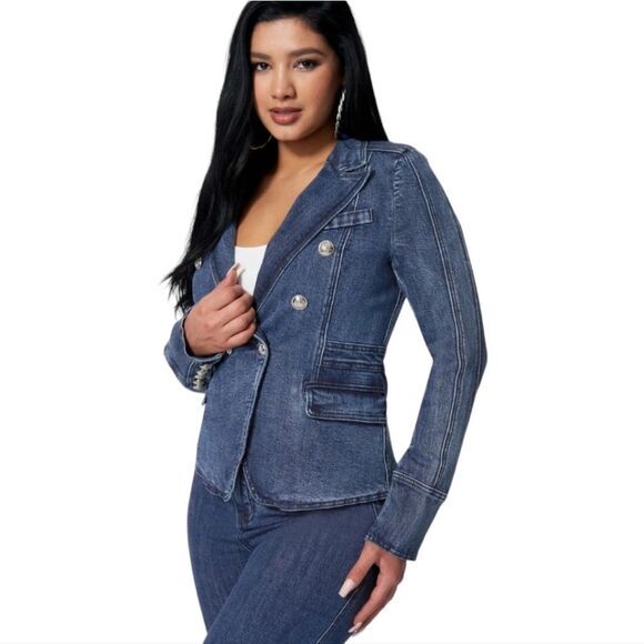 Bebe -956 Tailored‎ Double Breasted Denim Jacket in Antique Indigo Wash size 2 - Picture 1 of 16